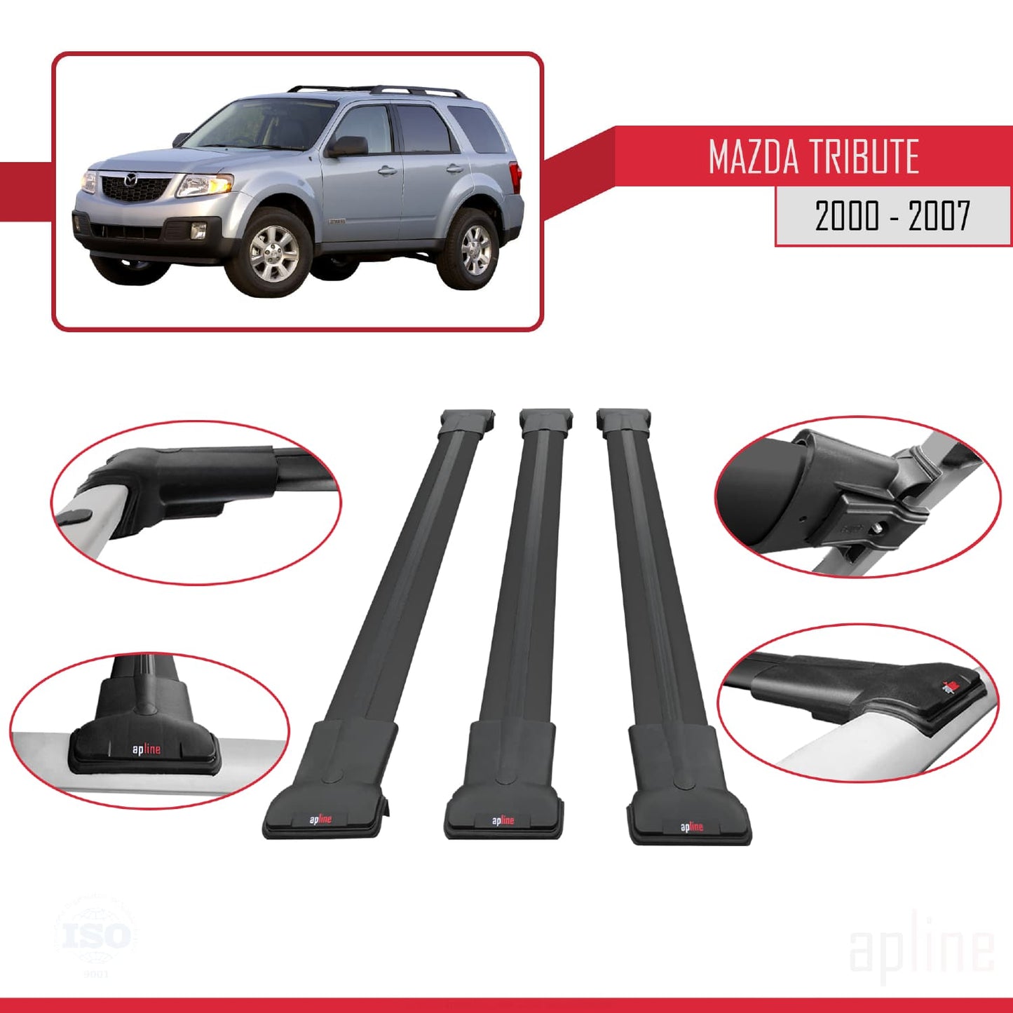 FLY Model Dakdrager bagagedrager compatibel met Mazda Tribute 2000-2007 Spoorstaven Zwart Aluminium 3 Staven