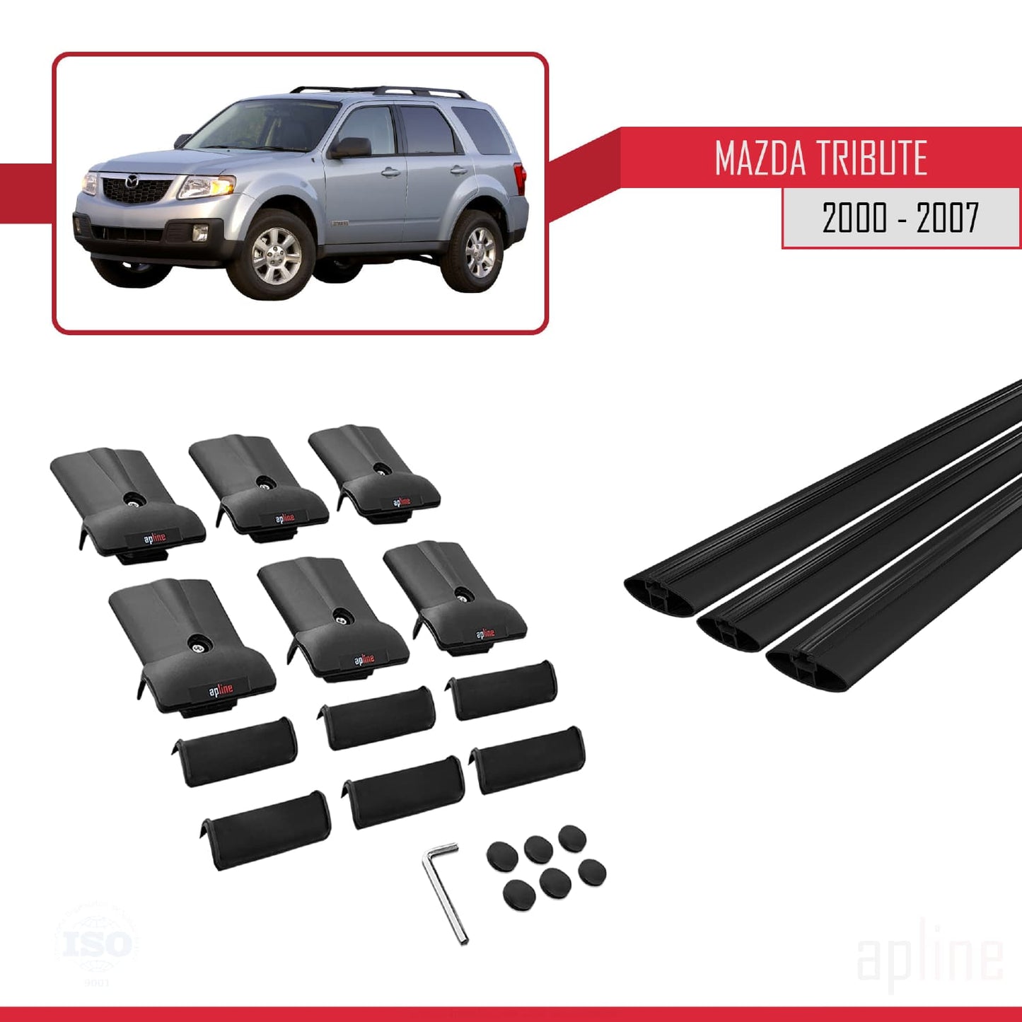 FLY Model Dakdrager bagagedrager compatibel met Mazda Tribute 2000-2007 Spoorstaven Zwart Aluminium 3 Staven