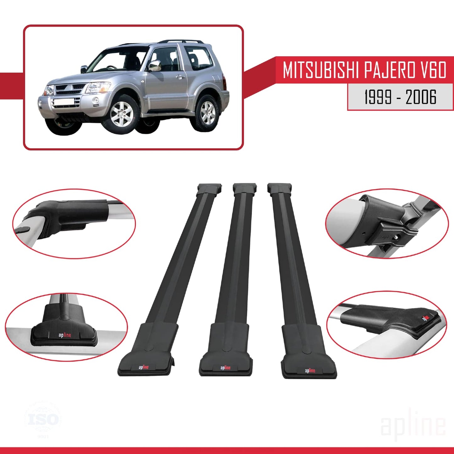 FLY Model Dakdrager bagagedrager compatibel met Mitsubishi Pajero (V60) 3 Kapı 1999-2006 Spoorstaven Zwart Aluminium 3 Staven
