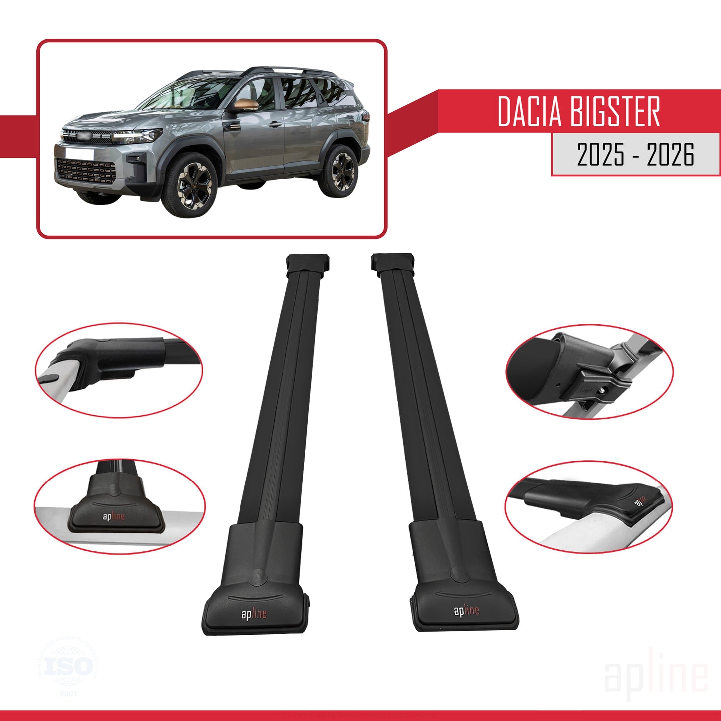 Compatible avec Dacia Bigster 2025-2026 FLY Model Barres de Toit Railing Porte-Bagages de Voiture Noir Aluminium 2 Barres