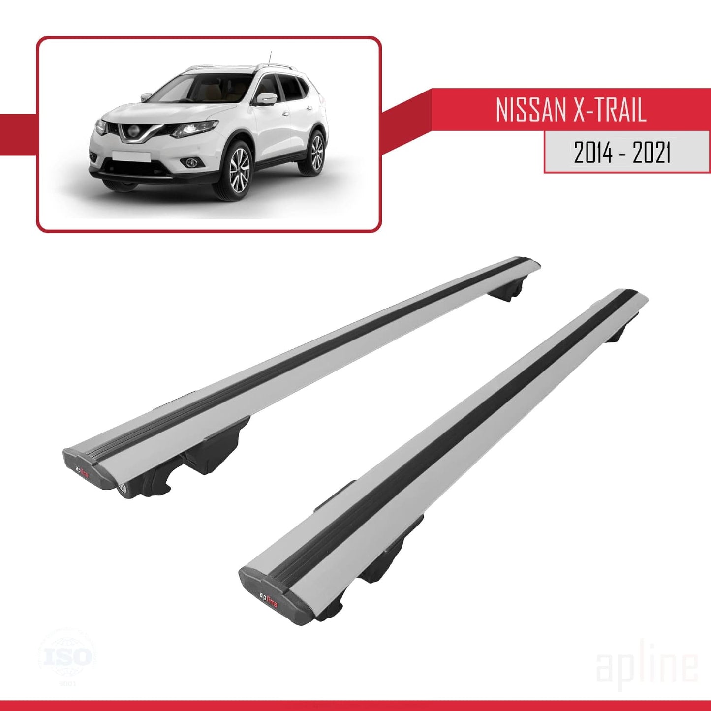 Compatible with Nissan X-Trail 3 (T32) 2014-2021 HOOK Model Car Roof Rack Cross Bar Grey Aluminium 2 Bars