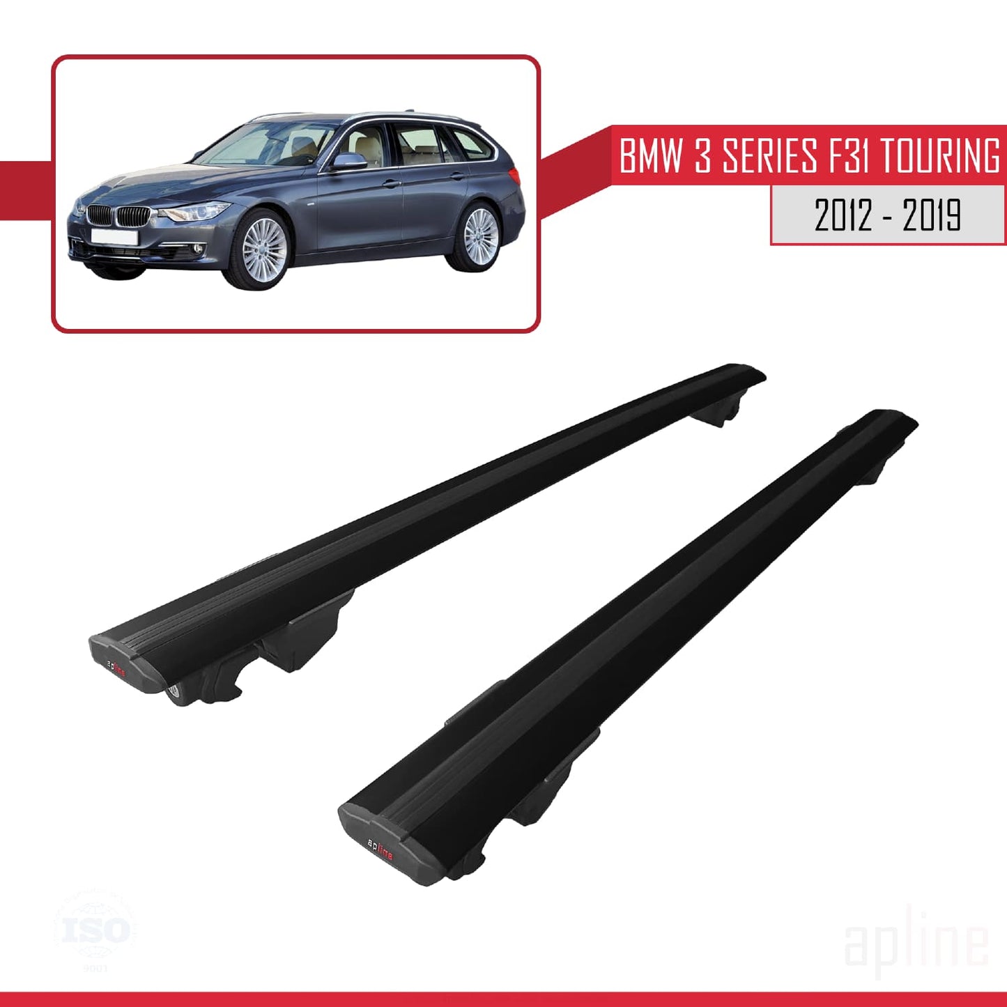 Compatible with BMW 3 Series (F31) Touring 2012-2019 HOOK Model Car Roof Rack Cross Bar Black Aluminium 2 Bars