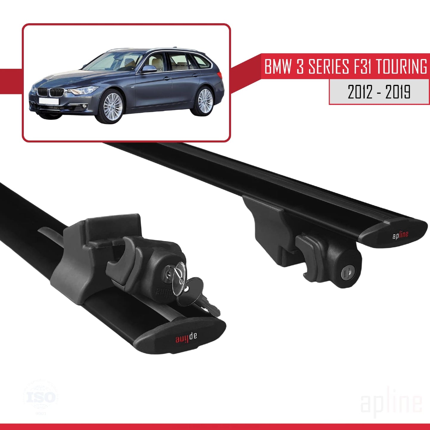 Compatible with BMW 3 Series (F31) Touring 2012-2019 HOOK Model Car Roof Rack Cross Bar Black Aluminium 2 Bars