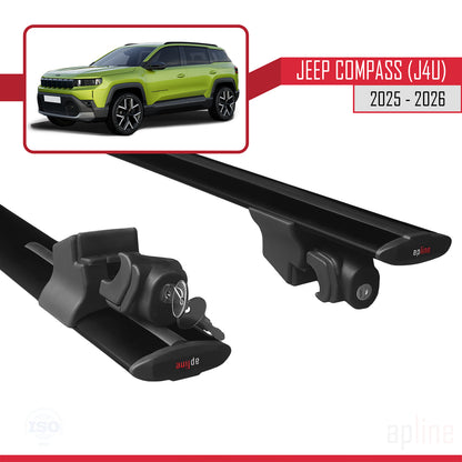Compatible avec Jeep Compass J4U 2025-2026 HOOK Model Barres de Toit Railing Porte-Bagages de Voiture Noir Aluminium 2 Barres