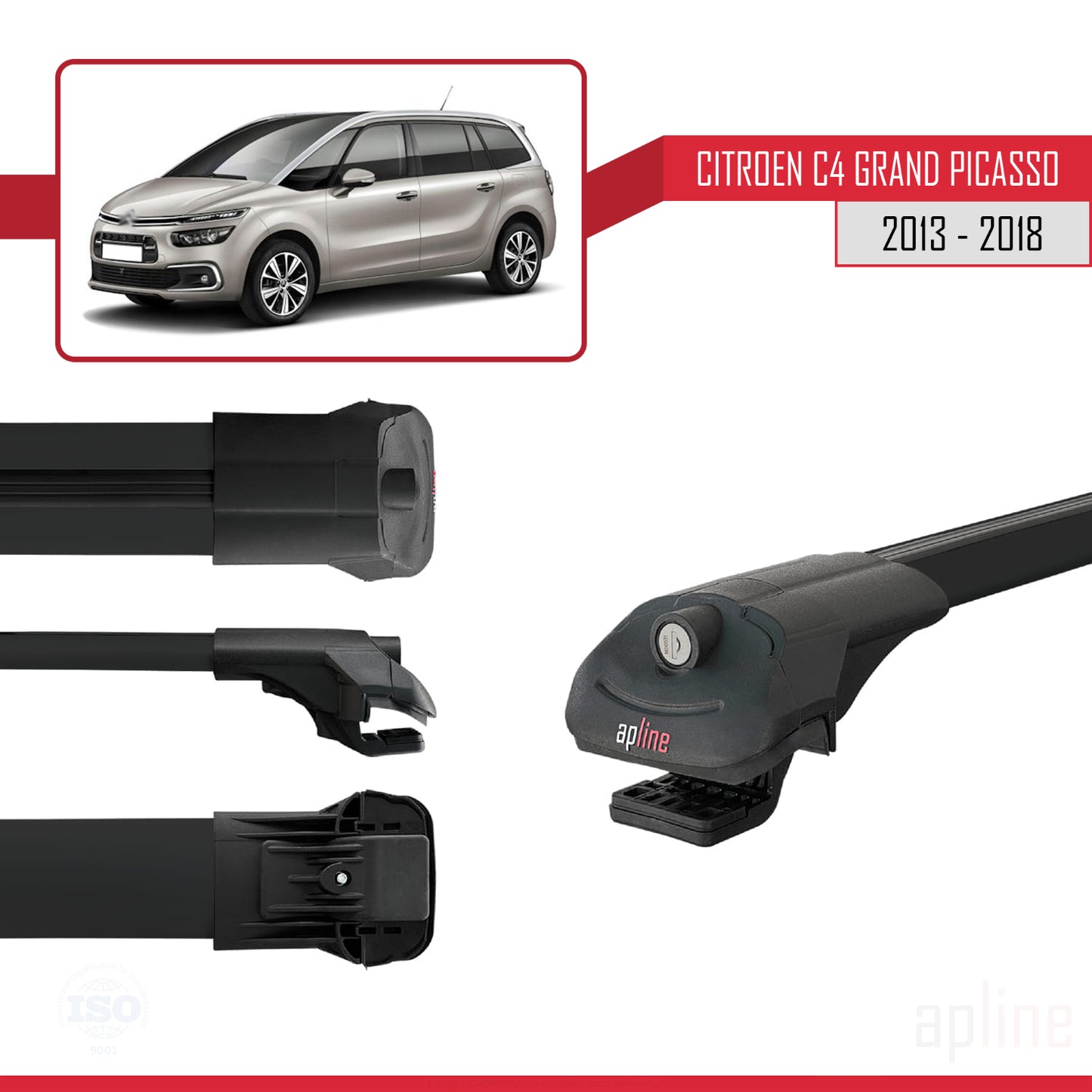 Compatible avec Citroen C4 Grand Picasso 2013-2018 ACE-1 Barres de Toit Railing Porte-Bagages de Voiture Noir Aluminium 2 Barres